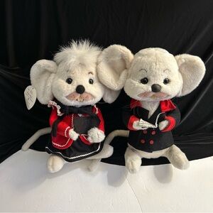 Plush White Mouse Pair in Red & Black Outfits - Soft Small Pet Plush Toys